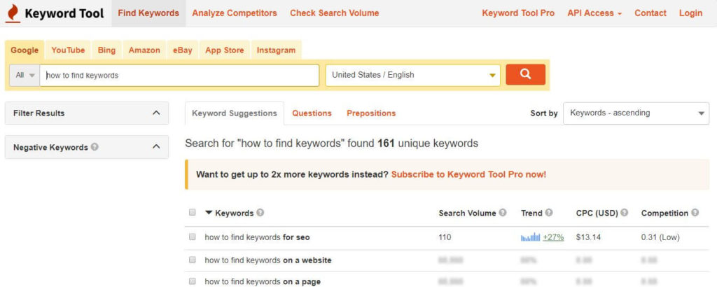 how to find keywords keywordtool