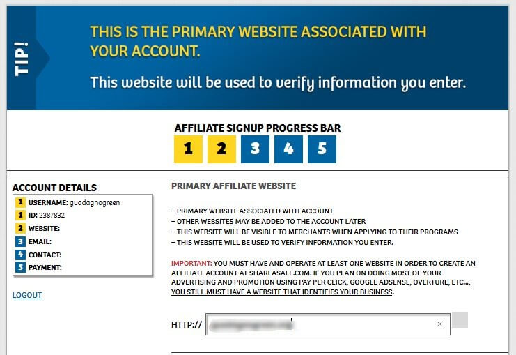 shareasale sign up process step 2a