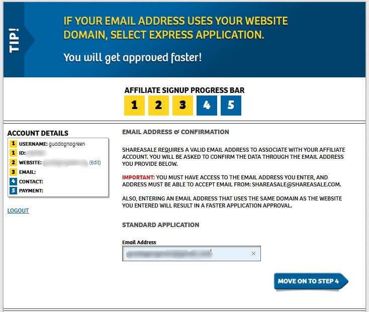 shareasale sign up process step3