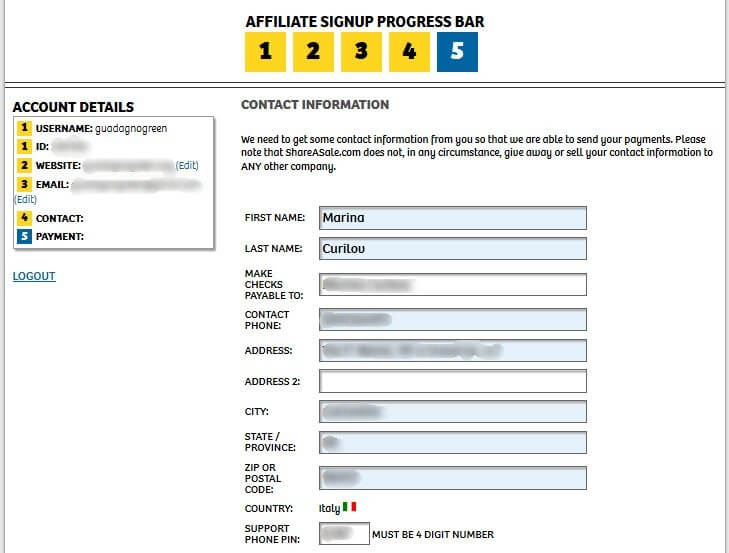 shareasale sign up process step 4a