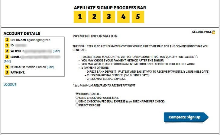 shareasale sign up process step 5