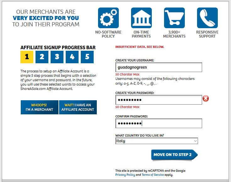 shareasale sign up process step 1